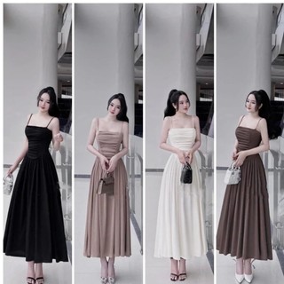 Đầm body nhún hai dây Form dài dáng xòe phong cách mới chất thun tăm lạnh sang chảnh_Có mút H6xO