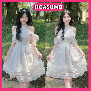Váy trắng trễ vai cổ yếm nhún bèo kiểu dáng tiểu thư bánh bèo chất voan tơ 2 lớp,Váy dự tiệc HV389