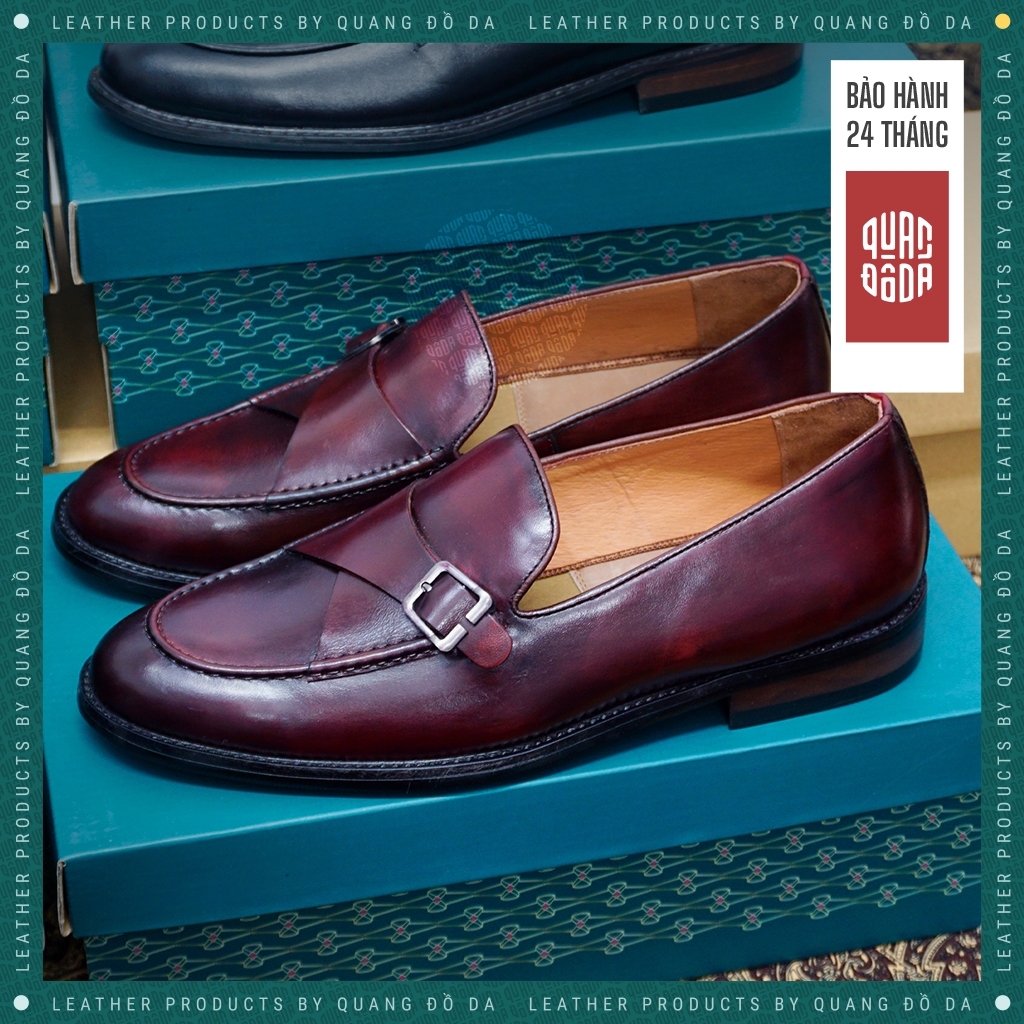 Giày loafer ĐẾ GỖ PHÍP cao cấp, da thật thảo mộc nhuộm patina màu rượu vang LFP_03D, bảo hành 2 năm