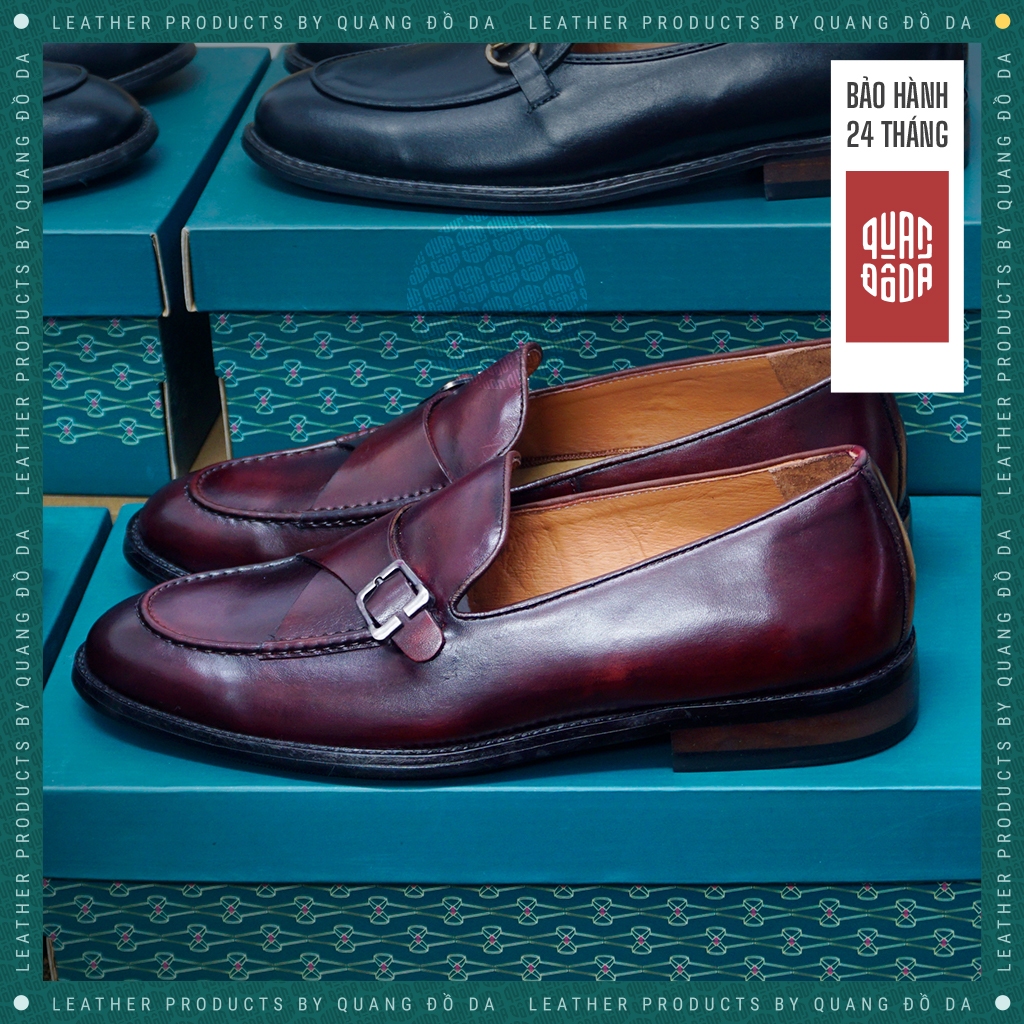 Giày loafer ĐẾ GỖ PHÍP cao cấp, da thật thảo mộc nhuộm patina màu rượu vang LFP_03D, bảo hành 2 năm