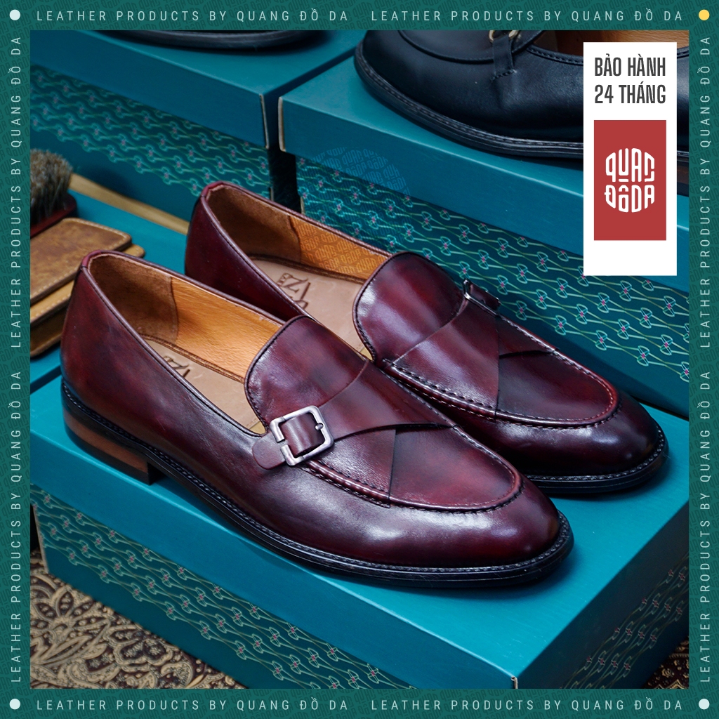 Giày loafer ĐẾ GỖ PHÍP cao cấp, da thật thảo mộc nhuộm patina màu rượu vang LFP_03D, bảo hành 2 năm