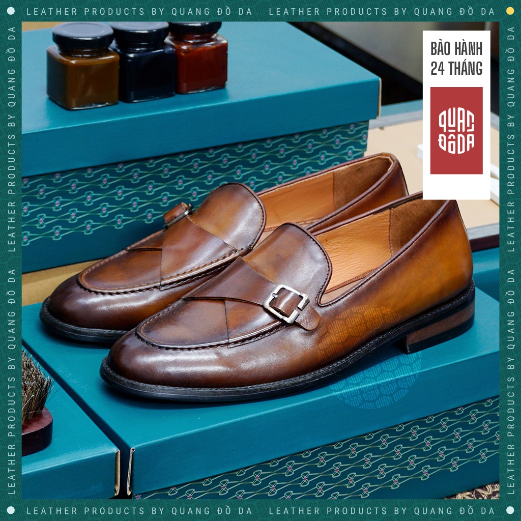 Giày loafer ĐẾ GỖ PHÍP cao cấp, da thật thảo mộc nhuộm patina màu rượu vang LFP_03D, bảo hành 2 năm