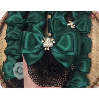 Kẹp búi lưới handmade màu xanh 4 lớp nơ nhỏ đính hoa 3 cánh K48