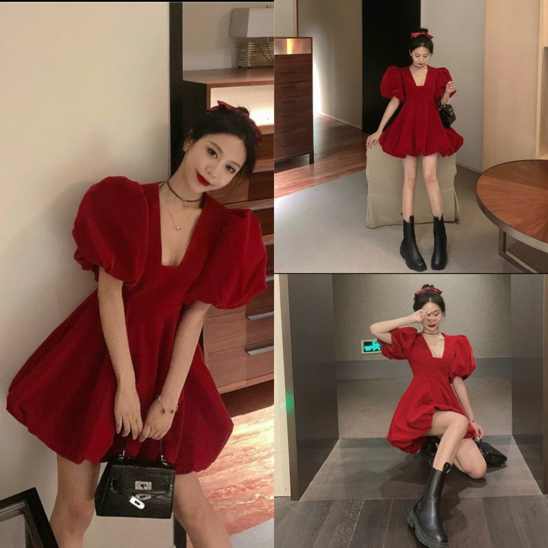 đầm bí nhung đỏ thanh lý