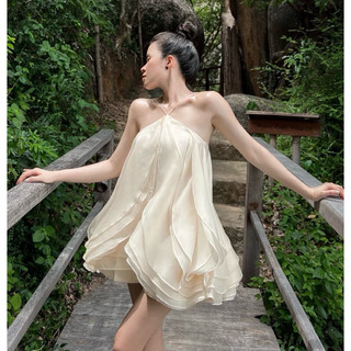  Đầm váy voan tơ cổ yếm xếp lớp cánh hoa  MH 052  