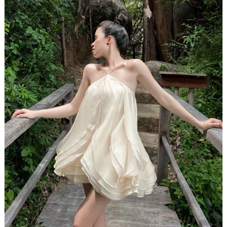 Đầm váy voan tơ cổ yếm xếp lớp cánh hoa (MH 052)