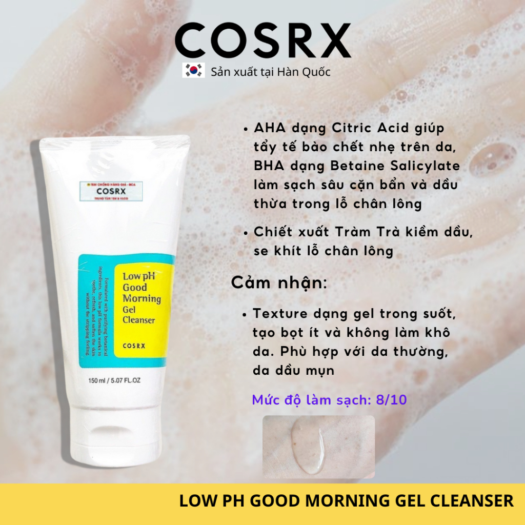 Sữa rửa mặt Cosrx Low pH Good Morning, độ pH thấp, dạng gel, chiết xuất tràm trà 150ml