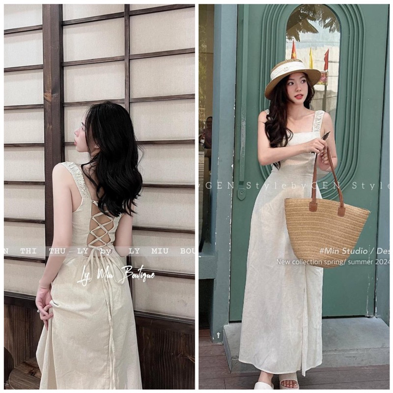 Đầm 2 dây xẻ chân đan dây lưng