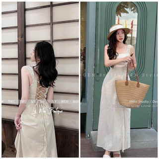 Đầm 2 dây xẻ chân đan dây lưng