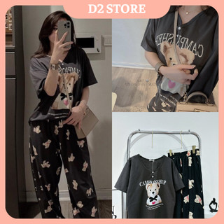 Set đồ nữ áo phông cổ tim đính cúc in hình gấu mix quần boom lụa họa tiết freesize