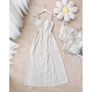 Đầm 2 dây xẻ chân đan dây lưng