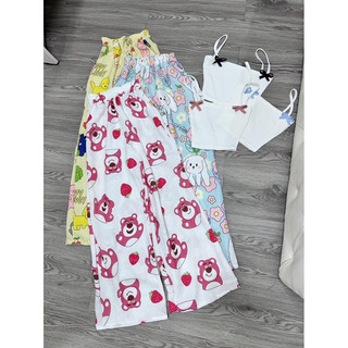 Set áo hai dây có tag nơ phối quần hoạt hình