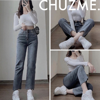 Quần Jean Dáng Đứng FANEGU Cắt Gấu Co Giãn, Quần Jeans Nữ Ống Đứng Tôn Dáng