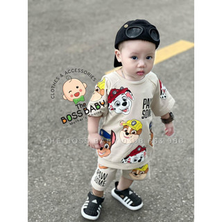 Bộ đùi cotton cộc tay hình chó cứu hộ màu be cho bé trai.
