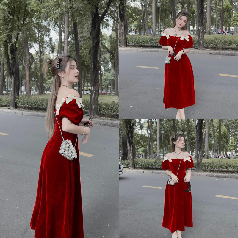 thanh lý đầm nhung trễ vai