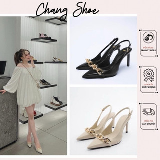 Giày cao gót Z.R mũi nhọn đính quai xích cao 8cm xuất Fullbox #7164