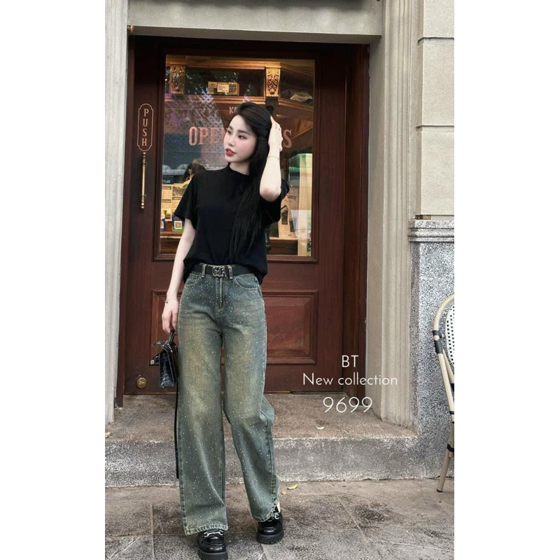 (SẴN) Quần Jeans Xuông Đính Đá Màu Bụi Cạp Cao Vải Cao Cấp ( kèm ảnh thật) ĐÁ TRẮNG NHA