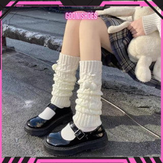  Tất ống chân dệt kim đen trắng hình quả bông giữ ấm chân mùa đông phong cách Lolita Nhật Bản dành cho nữ 