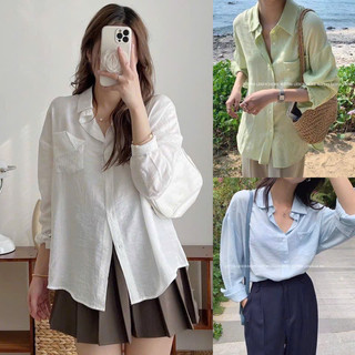 Áo sơ mi đũi tơ túi ngực đính khuy hàn quốc