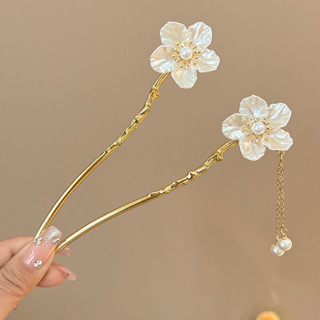  Trâm cài tóc hình bông hoa trà trắng tinh khôi trâm búi tóc kim loại tua rua cho nữ 