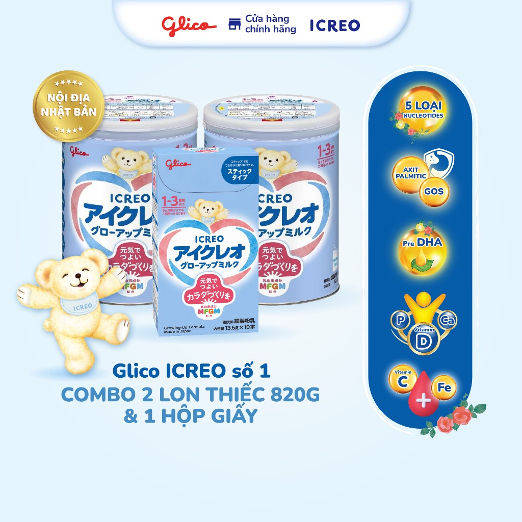 Set 2 lon sữa Glico ICREO Grow - Up milk và 1 hộp 10 thanh cùng loại ( Sữa số 1 )