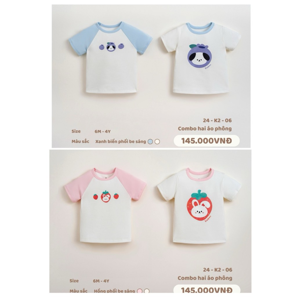 [EMBES] Set 2 áo cộc tay chất cotton mềm mại, thấm hút cho bé 6 tháng đến 4 tuổi