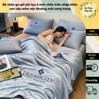 Bộ chăn ga gối phi lụa 4 món chăn trần nhập khẩu cao cấp mềm mịn thoáng mát sang trọng đủ size