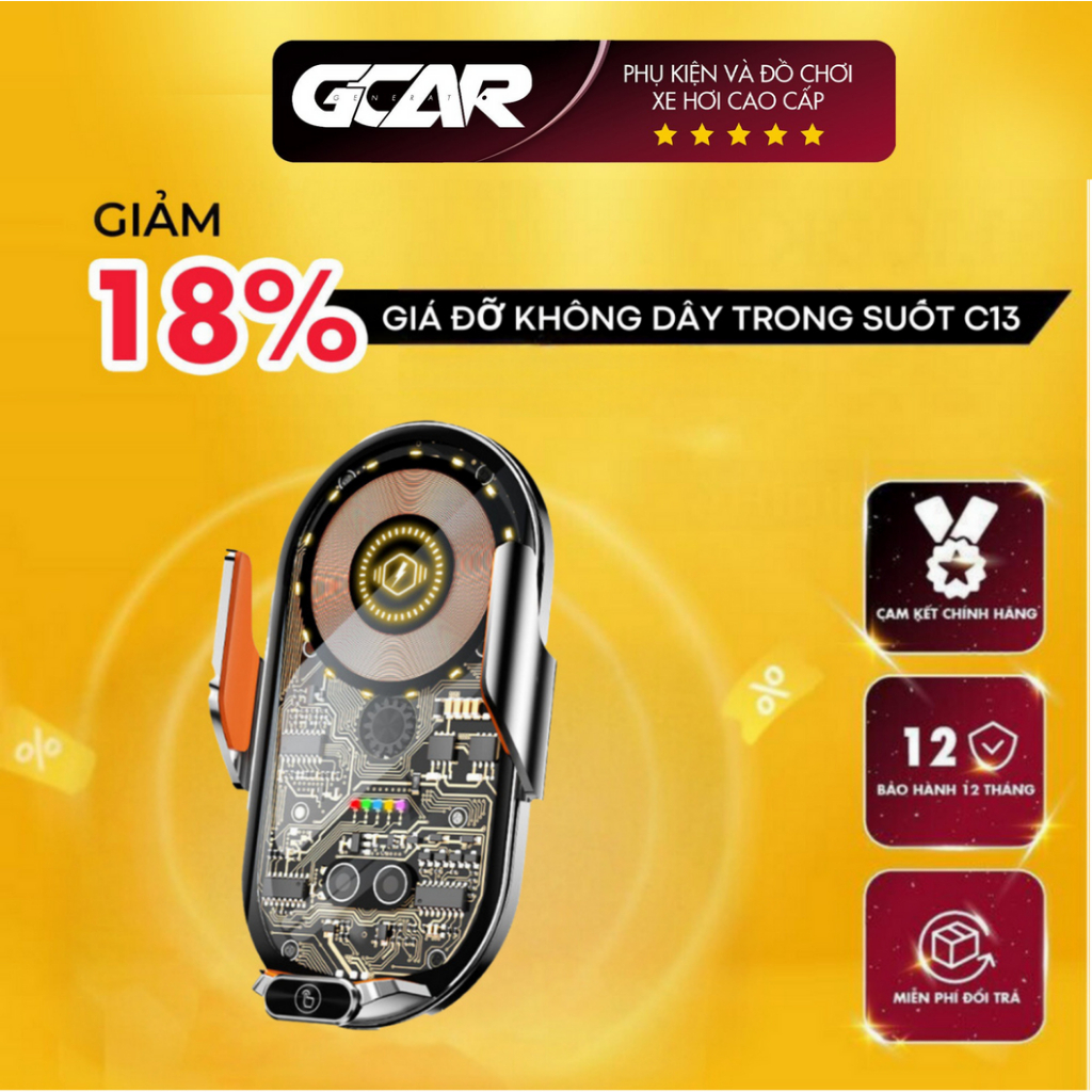 Giá đỡ điện thoại trên ô tô C13 kiêm sạc không dây thiết kế trong suốt có đèn LED bảo hành 12 tháng GCar