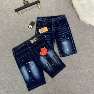 Quần cộc short jean Dsq2 4 cúc khắc chữ wash loang vảy sơn mông in lá đỏ chữ icon đùi sau