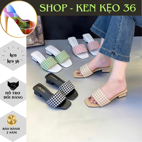 Dép nữ cao gót 3p quai dạ caro bản ngang