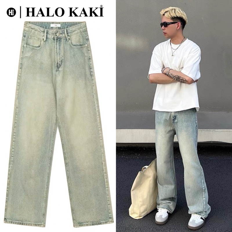 XANH BỤI VÀNG - JEANS WASH FORM ỐNG RỘNG PHỦ GÓT CHÙM GIÀY PHONG CÁCH Y2k HALO KAKI | BigBuy360 - bigbuy360.vn