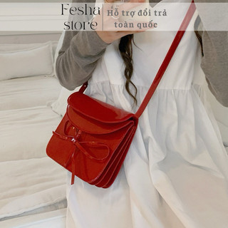 Túi đeo chéo đỏ da bóng dây nơ xinh yêu_ribbon cross bag Korea