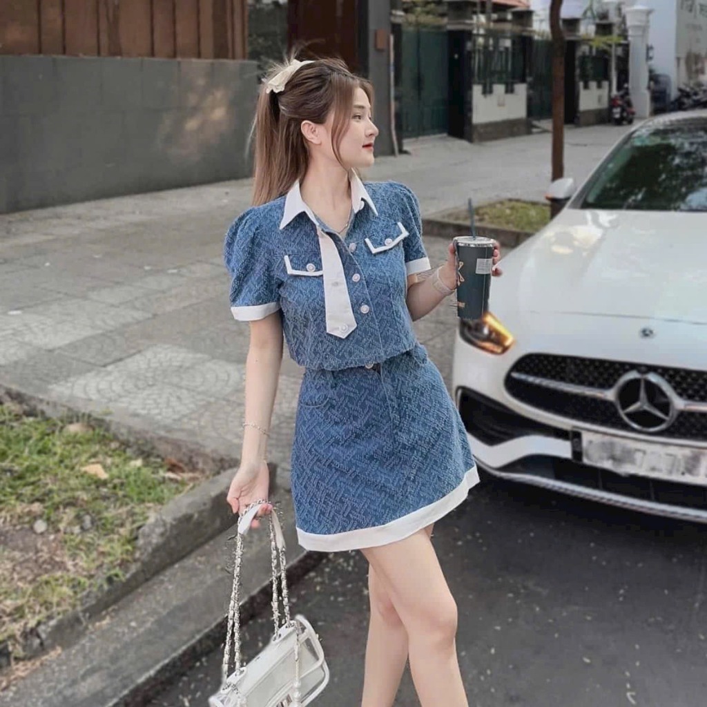 Set váy for họa tiết thời trang nữ mặc đi chơi cổ sơ mi áo ngắn tay phối túi váy ngắn chữ A sang chảnh