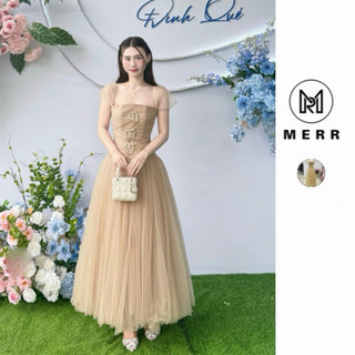 [MERR] Đầm Cover Cổ Vuông Tay Lưới Dáng Xoè Dài Sang Chảnh