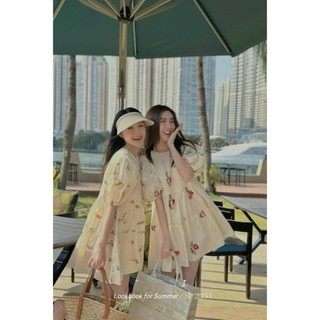 Đầm babydoll hoạ tiết hoa tay phồng dập ly ngực