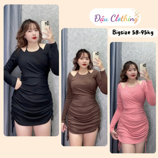 Đầm bigsize cổ yếm lộ vai tay dài phối dây rút hai bên hông tôn dáng chất vải thun gân G224
