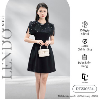 Đầm Váy Dự Tiệc Công Sở LENDO DT230524 Dáng Xòe Chữ A Ngắn Phối Cổ Tròn Cách Điệu Chờm Vai Đính Ngọc