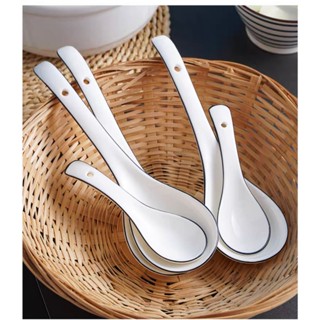 (SẴN) Muôi canh, thìa sứ kim cương trắng viền đen phong cách Bắc Âu - Muỗng vá sứ trắng cao cấp xuất khẩu