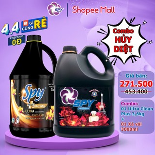 SIÊU COMBO Can Nước giặt xả SPY Ultra Clean Plus 3,6kg và Nước Xả Vải SPY hương Đắm Say chống mốc, chống nhăn, lưu hương