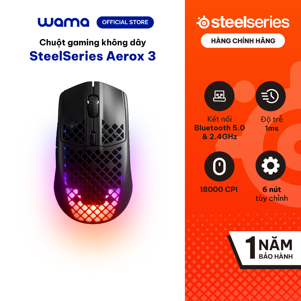 Chuột gaming không dây SteelSeries Aerox 3 Wireless RGB 68g, pin 200H, 18000CPI ,80 triệu clicks, 40