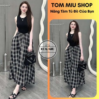 Đầm maxi kiểu tùng xòe phối họa tiết kẻ caro TOMMIU SHOP