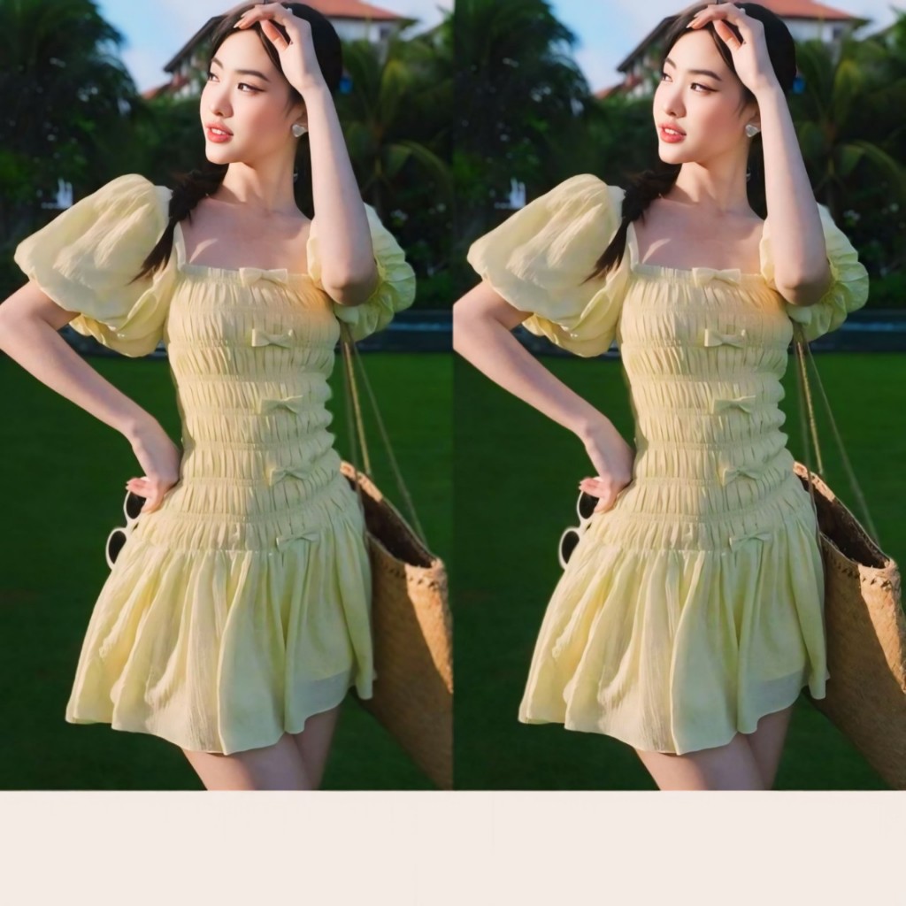 BARE_Đầm Nữ Cổ Vuông Tay Phồng Đính Nhiều Nơ Xinh , Đầm Nữ Ngắn Chất Đũi Gân Phong Cách Ngọt Ngào Dễ Thương- D038