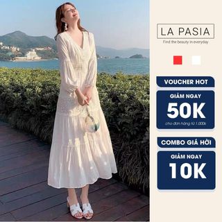 Đầm Thêu Grimmy Thô Mềm LP40 Váy Cổ V Dài Tay Vintage Thời Trang Du Lịch