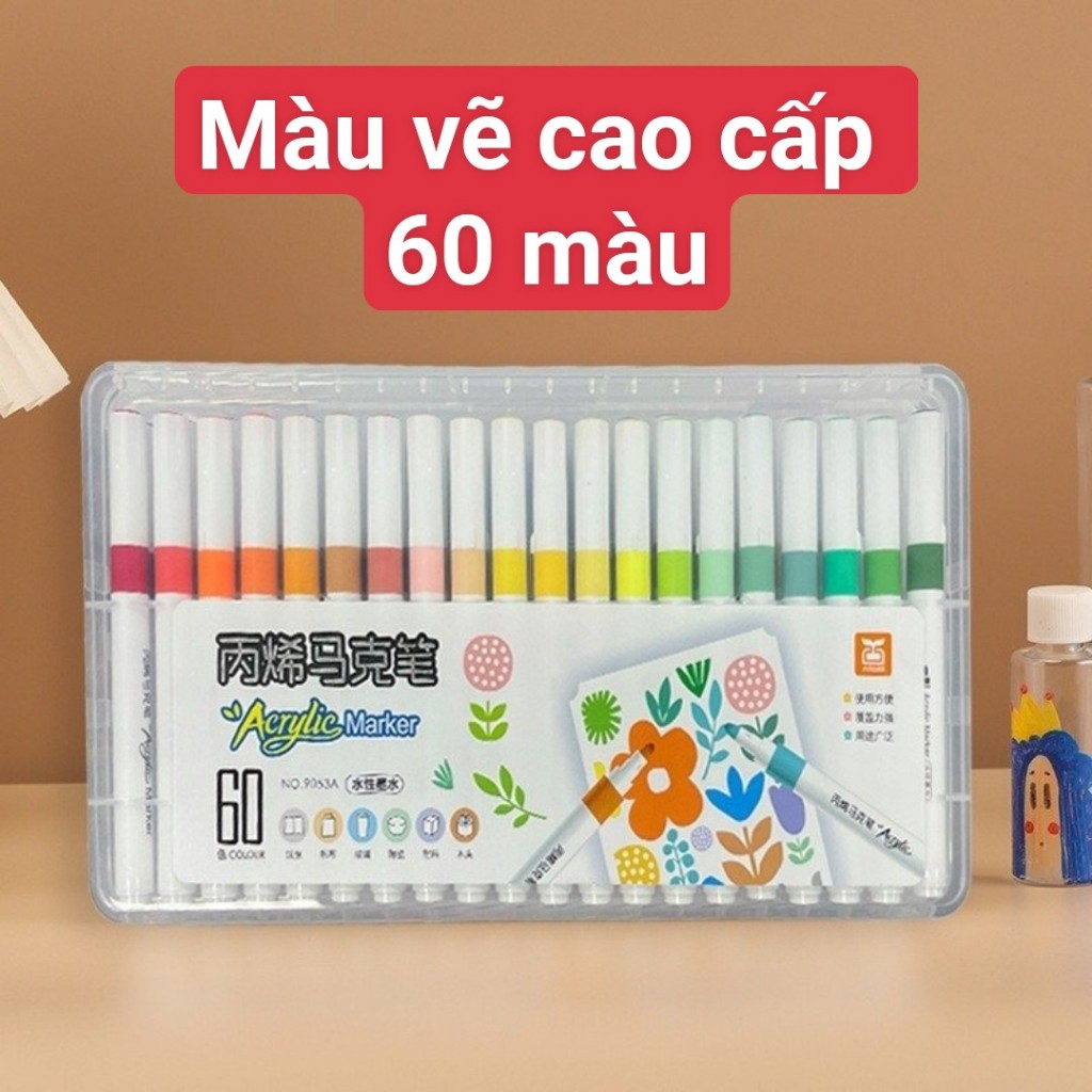 Bút Màu Acrylic Marker - Vẽ Trên Mọi Chất Liệu - Có Thể Vẽ Chồng Màu - Hộp 60 màu
