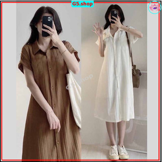 Váy V34, Đầm Sơ Mi Chất Đũi Gân From Rộng Dáng Dài Mặc Hè Mát - g5.shop