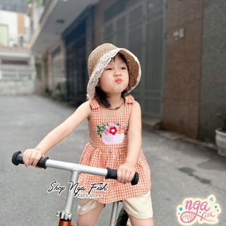 Bộ 2 dây Sofia Candy áo caro cam thêu hoa bé gái đáng yêu Nga Fish B1C3H5