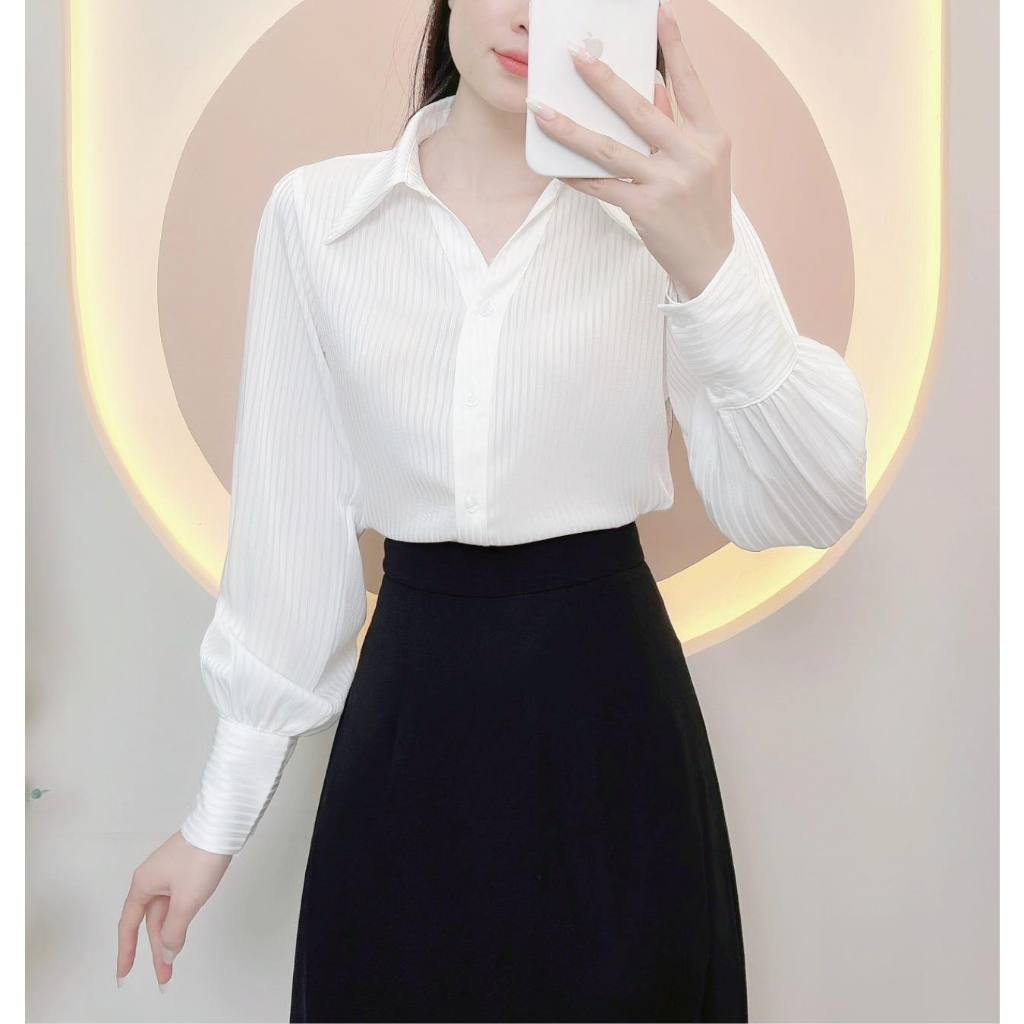 Áo sơ mi nữ thiết kế tơ tằm sọc cao cấp cổ V sang trong chất liệu mềm mát LAMO-B1243 | BigBuy360 - bigbuy360.vn