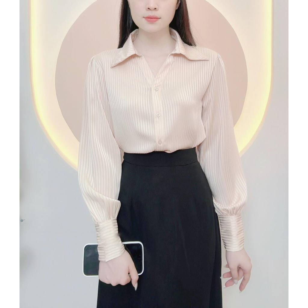 Áo sơ mi nữ thiết kế tơ tằm sọc cao cấp cổ V sang trong chất liệu mềm mát LAMO-B1243 | BigBuy360 - bigbuy360.vn