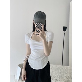 Áo thun nữ cổ vuông tay ngắn kiểu dáng vạt bầu, áo phông nữ bo eo tôn dáng chất liệu co giãn