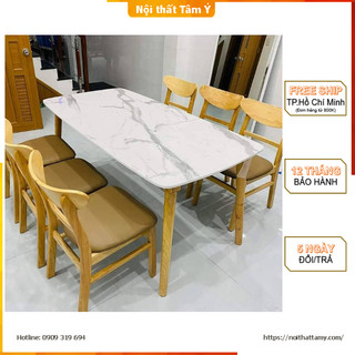 Bộ bàn ăn mặt giả vân đá + 6 ghế mango ✌free ship hcm✌ bộ bàn ăn cao cấp thương hiệu nội thất tâm ý